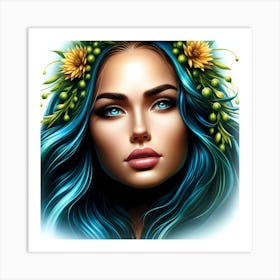 Blue Haired Girl With Flowers Art Print