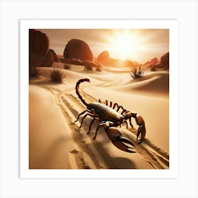 A Lone, Golden Brown Scorpion With Razor Sharp Tail And Menacing Gaze Walking Slowly Across The Desert Sand Art Print