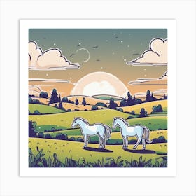 Two Horses In The Countryside At Sunset Art Print