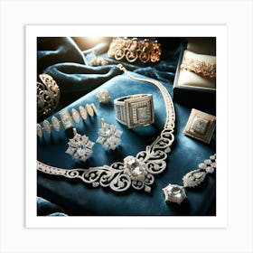 An Elegant Jewelry Display Featuring Exquisite Pieces Of Jewelry On A Plush, Deep Blue Velvet Background Art Print