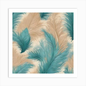 Turquoise and Beige Feathers Art Print