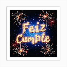 Feliz cumple and Feliz cumpleaños sign means Happy Birthday in Spanish language, Birthday party celebration gift with birthday cake candle colorful balloons best congratulation over light backgroundFiez Cumple Art Print