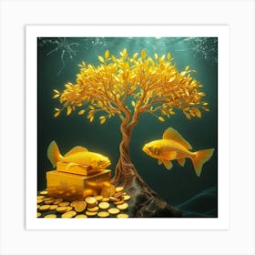 Gold Tree And Gold Coins 1 Art Print