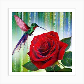 Hummingbird And Red Rose Art Print