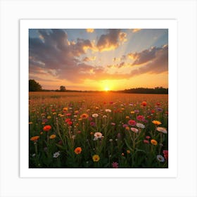 A Picturesque View Of A Field Of Colorful Wildflowers Under A Sunset Sky 4 Art Print