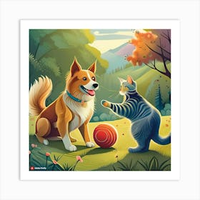 Dog And Cat Playing Ball Art Print