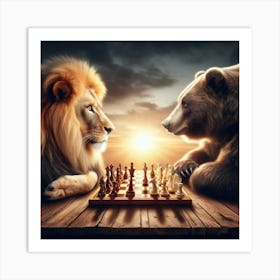 Lion Vs Bear In Chess Art Print