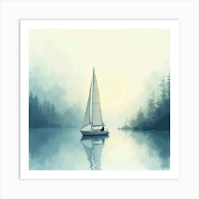 Charming Sailboat Amidst Watercolor Misty Morning 1 Art Print