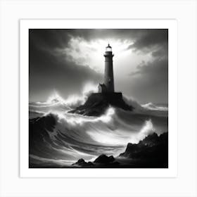 A Monochromatic Seascape Featuring A Rugged Coastline Art Print