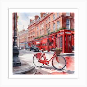 Red Bike In Red London art Watercolor Art Print