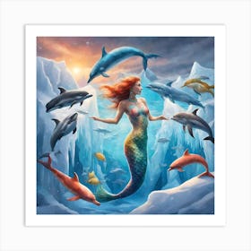 Mermaid With Dolphins Art Print