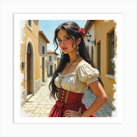 Spanish Woman In A Historical Setting, Watercolor With Classic Details 1 Art Print