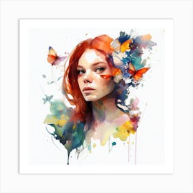 Watercolor Floral Red Hair Woman #11 Art Print