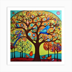 Art Drawing Trees And Birds Scene Folk Art Style I (5) Art Print