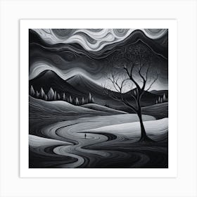 Black and White Abstract Painting River Art Print