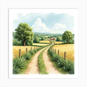 An English Rural Landscape With A Winding Country Lane, Watercolor Scene Art Print