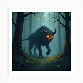 Mystical Beast With Glowing Eyes Stalking In A Forest 1 Art Print