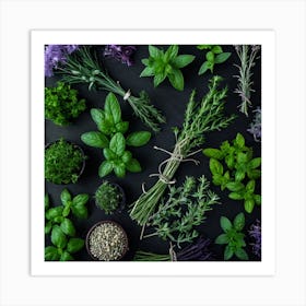 Top View Of Herbs On A Black Background 5 Art Print