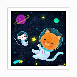 Cat And Mouse In The Space Square Art Print