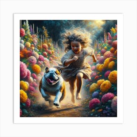 Little Girl And A Dog In The Garden Art Print