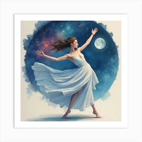 Graceful Dancer With Watercolor Moon And Nebula 1 Art Print