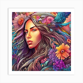 Beautiful Abstract of colorful Woman with flowers Art Print