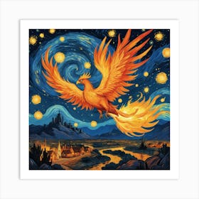 Phoenix Bird Fire Flying At Starry Night Van Gogh Painting Pop Culture Art Print