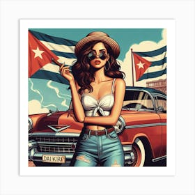 Cuba Girl With Vintage Car Art Print