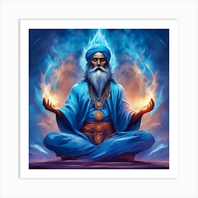Spiritual Guru Sitting In Meditation With Blue Flame Behind Art Print