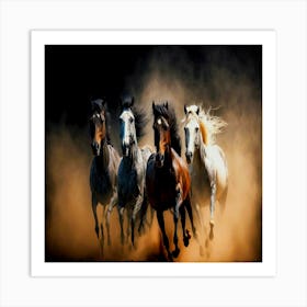 Horses Running In The Dust,black horse herd fast galloping and raising dust Art Print