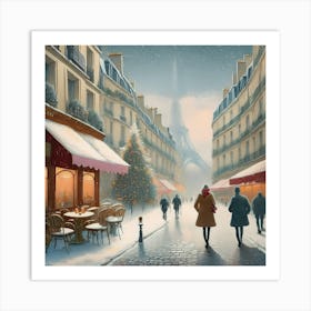 Paris cafes, winter season, Christmas, pale colors, pedestrians in the street, winter clothes, falling snow.11 1 Art Print