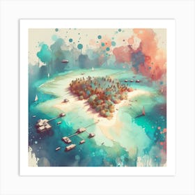 Atoll Serenity, A watercolor painting capturing the vibrant blues and greens of the atoll, with gentle waves lapping against its shores. This artwork would be well-suited for a living room or a spacious hallway where it can be a focal point, bringing in an element of nature and tranquility into your home. Art Print