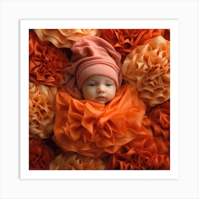 Newborn Baby In Orange Flowers Art Print