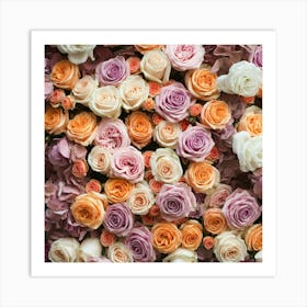 A Close Up Image Of A Variety Of Pastel Colored Roses And Hydrangeas Art Print