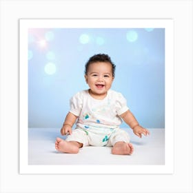 Beaming Infant Grinning Widely Seated In A Softly Lit Studio Space Pastel Colored Backdrop Offers Art Print