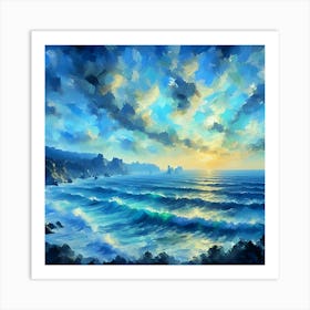 An Impressionist Seascape With A Color Palette Of Blues And Greens 2 Art Print