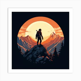 Hiker At Sunset, A Lone Mountain Climber Reaching The Summit Representing Perseverance And Achievement Art Print