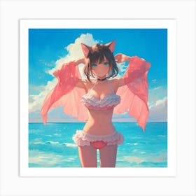 Cat Girl On The Beach Art Print