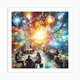 A group of people are sitting around a table in a room. The room is filled with bright colors and light. There are gears, light bulbs, and other objects floating in the air. The people are all looking at a woman who is standing in front of them. She is holding a light bulb. The light bulb is glowing brightly. The woman is smiling. She is wearing a white lab coat. She has long, dark hair. She is looking at the people in the room. She is speaking. She is telling them about the future. She is telling them about the power of light. She is telling them about the power of knowledge. She is telling them about the power of hope. Art Print