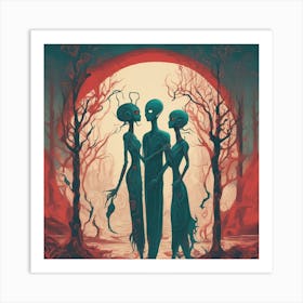 Alien Couple Painted To Mimic Humans, In The Style Of Surrealistic Elements, Folk Art Inspired Illu (2) Art Print