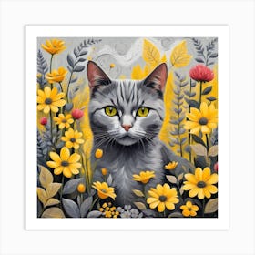 Cat In Flowers 1 Art Print