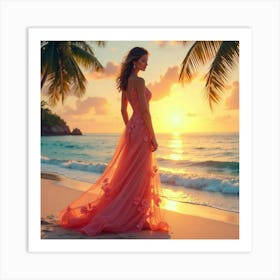 Fashionable Woman In Watercolor Gown, Tropical Beach Sunset 1 Art Print