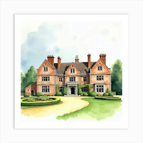 Watercolor Of The Petworth House In West Sussex, Showcasing Its Grand Design And Picturesque Gardens Art Print