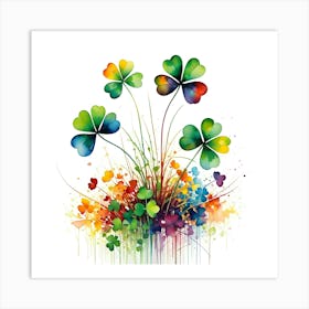 Clover Plant Silhouette Of A Clover Plant Created From Abstract Multi Colored Shapes White Ba(1) Art Print