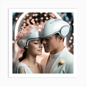 Bride And Groom In Futuristic Helmets Art Print