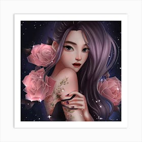 Anime Girl With Roses Art Print