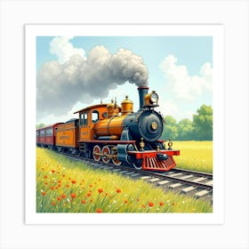 Rustic Locomotive Chugging Through A Beautiful Watercolor Meadow 1 Art Print