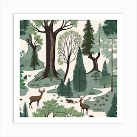 Forest Seamless Pattern, A Serene Forest Landscape With Wildlife Living In Harmony Art Print