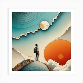 Man Looking At The Sun, looking up at moon Art Print