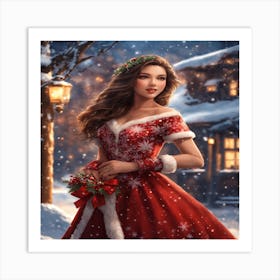 Christmas Girl In Red Dress 1 Art Print